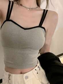 Contrast Trim Crop Cami Top Casual Summer - Grey - View 3