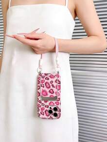 Cute Pink Leopard Print Cheetah Fuchsia Card Holder With Coin Pouch, Cardholder Phone Case Compatible With IPhone 13, 14, 15, 15 Pro, 15 Plus, 15 Pro Max, 16, 16 Pro, 16 Plus, 16 Pro Max, 17, 17 Pro, 17 Pro Max With Lanyard Women's Day Gift - Multicolor - View 2