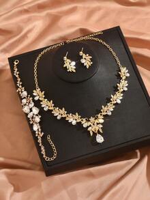 3件套时尚优雅水钻蓝水晶吊坠项链耳环套装，女士首饰套装，新娘首饰套装，派对、圣诞节、新年礼物 - 金藍色 - 查看 3