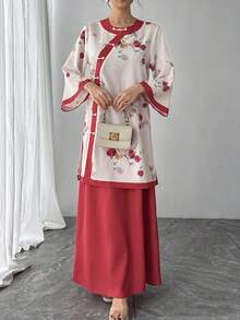 Setelan Wanita 2pcs/Set, Gaya Cina Motif Merah, Cardigan Lengan Lebar Leher Bulat & Rok A-Line Pinggang Tinggi Musim Panas - Merah - View 5