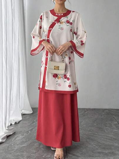 Bộ 2 món kiểu Trung Quốc thanh lịch dành cho nữ, gồm áo cardigan cổ tròn tay loe màu đỏ in họa tiết và chân váy cạp chun đỏ, thích hợp cho các dịp trang trọng, Tết Nguyên đán, Tết Nguyên đán, lễ Eid.