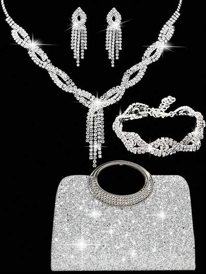 Conjunto de joyería de strass con collar, aretes y pulseras para bolso de embrague de lujo con strass brillante. Bolso de embrague para fiesta, boda romántica, bolso de cadena para primavera/verano, bolso de novia, bolso de fiesta formal, bolso de vestido de noche elegante