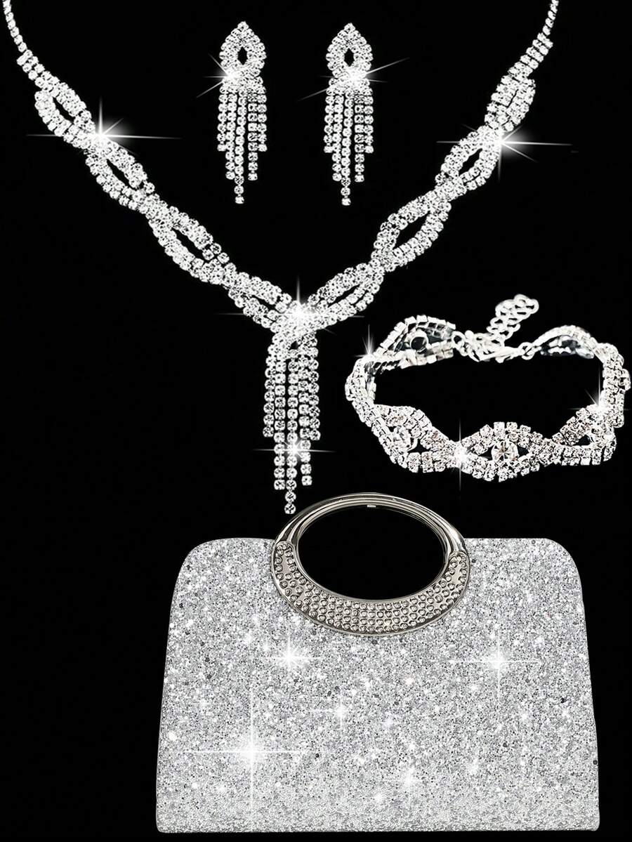 镶钻首饰项链耳环手链套装，搭配奢华闪亮水钻手拿包，适合派对、浪漫婚礼、春夏链条单肩包、新娘包、正式舞会手拿包、优雅晚礼服包。 - 銀色 - 查看 1