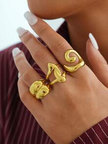 Frminee 3件套/1件极简主义厚宽夸张金色不锈钢戒指套装，可叠戴西式首饰，约会、度假、日常搭配礼物 - 金色 - 查看 3