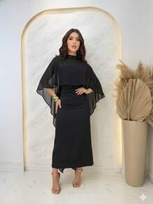 Strapless Midi Dress With Cape - Black - View 1