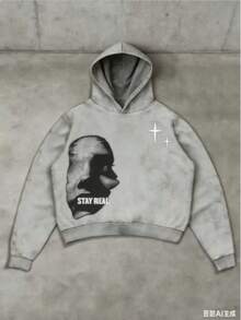 Manfinity Streetrush Men's Face & Letter Print , Casual Minimalist Graphic Streetwear Pullover Sweatshirt2025 - Màu Xám nhạt - Xem 3