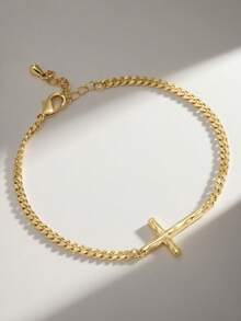 Charm-In 1pc Minimalist Cross Bracelet, Unisex Style, Suitable For Daily Wear Or Gatherings - Yellow Gold - View 5