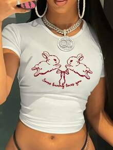 Womens Rabbit Print Crop Top - Casual Round Neck Short Sleeve Shirt With Cute Bunny & Some Bunny Loves You Design, Maroon & White, Stretchy Fabric, Machine Washable Summer Fashion Top, Everyday Outfit, Design, Soft Texture, Women - 白色 - 查看 1
