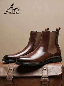 Salkin Vintage Designer Men's Chelsea Boots, Pull-On Style, Pointed Toe Design, Luxury Mid-Calf Ankle Boots, Men's Soft Genuine Leather Boots, Gentleman Business Formal Shoes, Daily Office Party Casual Shoes, Couple's Romantic Dinner Date Gift, Back To School Student Shoes, College Style, Suggest Sizing Up One Size - Rust Brown - View 7