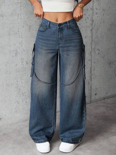 Pantalones vaqueros casuales de pierna acampanada y corte holgado con bolsillos para mujeres, Jeans diarios simples de unicolor para mujer, Jesns holgados lavados para mujer