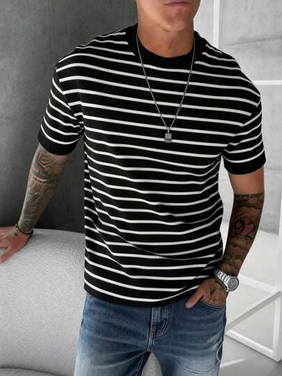  Suéter de manga corta de punto con bloques de color para hombres GRDR, jersey de manga corta a rayas, adecuado para reuniones casuales de verano, artículo de moda esencial