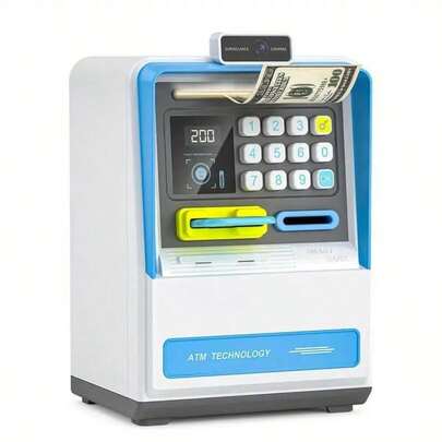 Electronic Password Piggy Bank Kids Bank Mini ATM Electronic Money Save Box Cash Coin Can (Blue White), A Smart Savings Box For Children, Perfect As A Christmas, Birthday Or Halloween Gift, Password Access, Automatic Coin Roll Machine,