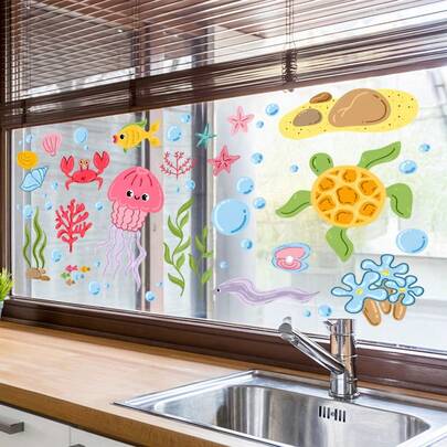 2pcs Colorful Sea Turtle And Fish Window Stickers, Self-Adhesive Removable PVC Stickers, With Colorful Ocean Animals Theme Design, Ideal For Home Living Room Bathroom Kids Room Wall Window Glass Decor, Single Use, Cartoon Theme