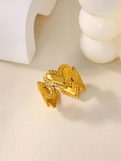 1pc Romantic Vintage Unique Textured Heart Intertwined Ring, 18K Gold Plated Stainless Steel Adjustable Open Ring, Women's Jewelry, Gift For Valentine's Day Or Mother's Day