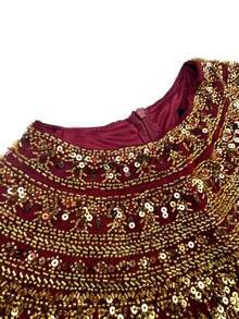 Vestido de noche elegante y ajustado con diseño de volantes de chifón, parches de lentejuelas y mangas farol de cuello redondo para mujer SUPGIR - Burdeos - Ver 8