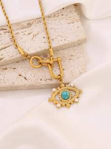 1件装不锈钢珍珠天然宝石眼睛吊坠项链，女士时尚颈链，U型扣项链首饰 - 項鍊 - 查看 3