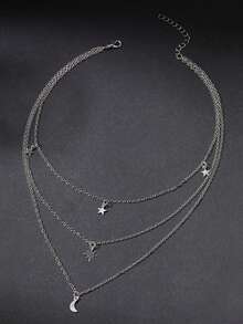 1pc Minimalist Chic Star & Moon Pendant Necklace, Silver-Tone Multi-Layer Chain Suitable For Daily, Casual, Work, Date, Holiday, Party Wear, Ramadan, Birthday Gift - Silver - View 6
