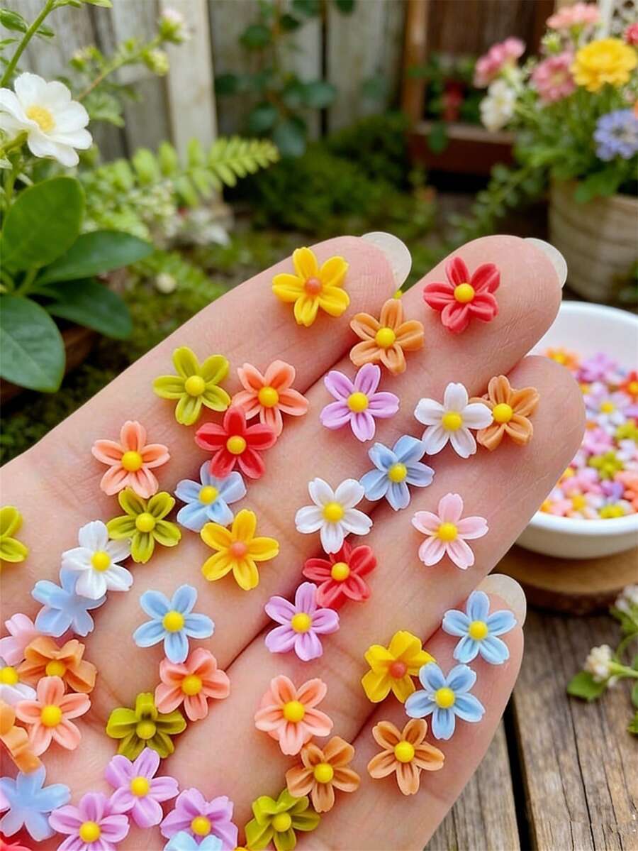 100/200/300/500/1000pcs Pack Cute Mini 0.75cm/0.29inch Flat Flower Resin Embellishments, For Jewelry Making - 100 Flowers - View 1