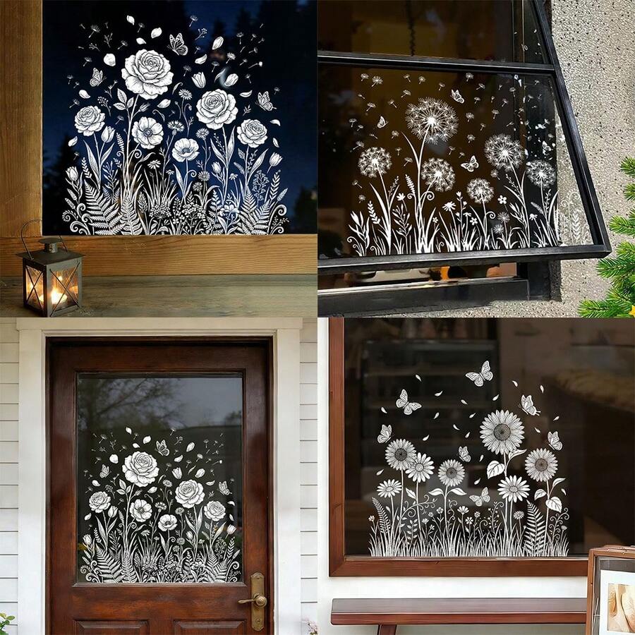 1/3pcs Creative Minimalist White Line Floral Window Stickers With Dandelion & Butterfly Design, Double-Sided Visible Glass Static Cling Decals For Bedroom, Living Room, Hallway - Flowers - View 1