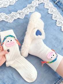 1/2/3 pares de calcetines divertidos para mujer, calcetines de tripulación con gran boca trenzada de estilo Ins feo lindo, patrón 3D de gran boca extravagante, elásticos, transpirables y absorbentes, adecuados para primavera, verano, otoño, invierno, uso casual con zapatos de lona, tenis gruesos - Multicolor - Ver 3