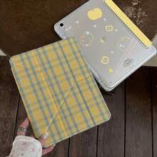 复古创意黄色格子苹果设计可爱平板电脑保护套，兼容苹果第11代、Pro 2025新款、可爱第10代、时尚Air 7/6，带笔槽，防弯折11英寸平板电脑保护套，女孩适用 - 黃色 - 查看 4