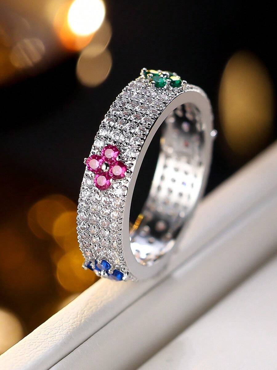 1pc Micro-Inlaid Zirconia Colorful Flower Ring, Versatile Elegant Finger Ring For Women - Ring - View 1