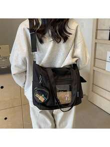 Transparent Pocket Design, Large Capacity Tote Bag With Coin Purse, New Korean College Style Multi-Pocket Backpack, Multifunctional Casual Sling Bag, Mid Capacity Canvas Bag, Transparent PVC Pocket Pain Relief Bag Middle School, Street Style And Japanese Lady Bag, Fashionable Zipper Tote Bag, Literary School Bag & Book Bag For Women Or Students, Perfect For Books, Shopping, Back To School And More, Tote Bags For School,College Essentials - 黑色 - 查看 3
