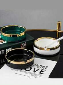 1pc Handmade Gold-Plated Ceramic Ashtray, Gold-Rimmed Edge, Round Shape, Suitable For Home, Office, Cafe, Nordic Minimalist Style Home Decor (Subtle Differences In Handmade Gold-Plating Process Do Not Affect Use) - Multicolor - View 9
