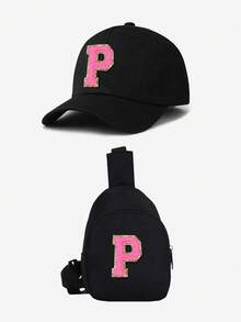 2pcs Kids Black & Pink Letter Baseball Cap Set, 26 Letters Customizable, Fashion Minimalist Sun Hat, Compact & Portable, Suitable For Boys & Girls Outdoor, Spring/Summer - Black - View 14