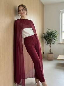 Women Chiffon Long Cape High Low Flowy Poncho Sheer Mesh Shawl And Wraps Capelets Bridal Wedding Evening - 酒紅色 - 查看 4