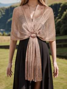 1pc Shiny Silver Thread Flat Shawl With Clasp, Suitable For Brides, Formal Dances, Graduation Ceremonies, Formal Dress Accessory - Champagne - View 6