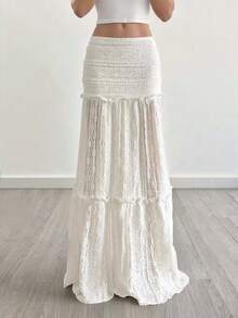Chân váy dài màu trắng EARO dành cho nữ, chất liệu vải co giãn cao, thiết kế xếp lớp ren, kiểu dáng thanh lịch, thoải mái cho mùa hè và mùa xuân. - trắng - Xem 3