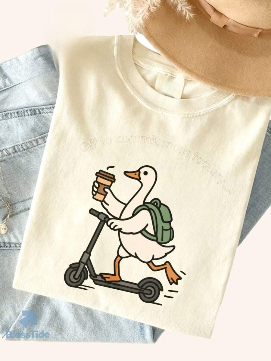 Women's 100% Cotton Short Sleeve T-Shirt 250th Anniversary Independence Day Patriotic Holiday Outfit 2026 Year Of The Horse St. Patrick's Day Carnival Easter Funny April Fools' Day Duck Riding Scooter With Coffee & Backpack Graphic Casual Summer Tee - 杏色 - 查看 1
