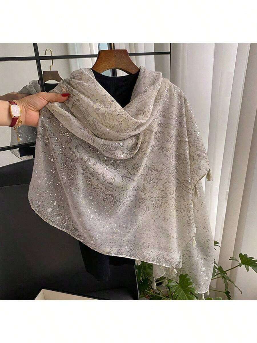 1pc Elegant Snake Skin Print Scarf, Bohemian Style Fashion Versatile Long Shawl, Sun Protection Beach Wrap, Travel Accessory - Silver - View 1