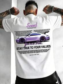 Men's Minimalist Purple Car Print Round Neck Short Sleeve T-Shirt, Summer - White - View 1