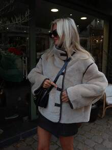 Chaqueta de ajuste regular para mujer con cierre de botones delantero, cuello alto, elegante y versátil para ir al trabajo y uso casual, otoño/invierno - Albaricoque - Ver 2