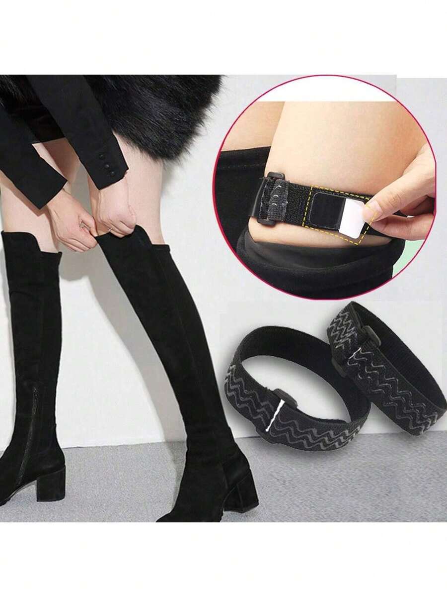 1 Set Elastic Boot Laces With Anti-Slip Handles, Adjustable Knee-High Boot Straps, Non-Slip Stretch Binding Belts, Hook And Loop Fastening Straps, Ensure Secure Fit For Tall Boots, Bicycles, Camping Luggage - Black 1 Pair - View 1