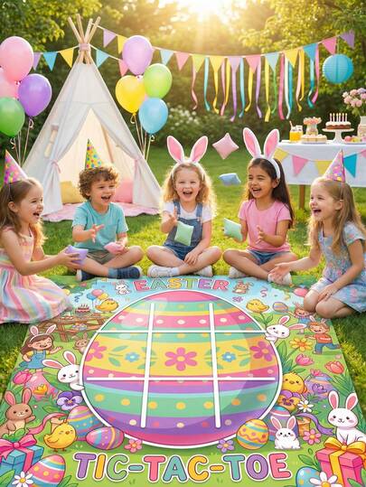 1 Set-Easter Tic-Tac-Toe Game Set, Large Fabric Game Banner With 5 Green & 4 Blue Bean Bags, Easter Bunny Egg Themed Outdoor Indoor Party Game For Kids Adults, Family Holiday Activity