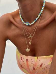 2pcs/Set Seaside Holiday Style Starfish, Shell, Plumeria Pendant Necklace, Elegant Luxury Vacation, Casual Daily, Party, Couple Date, Women's Festival Birthday Versatile Jewelry Gift - Necklace - View 10