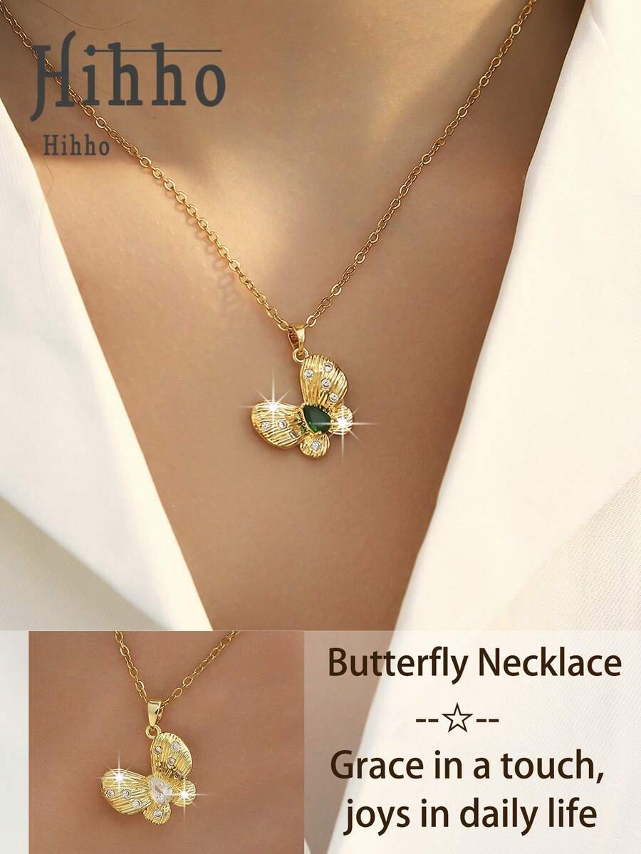 1pc Butterfly Wing Textured Zirconia Butterfly Pendant Necklace, Brushed Texture + Petite & Elegant, Suitable For Daily Wear And Dates - Butterfly - View 1