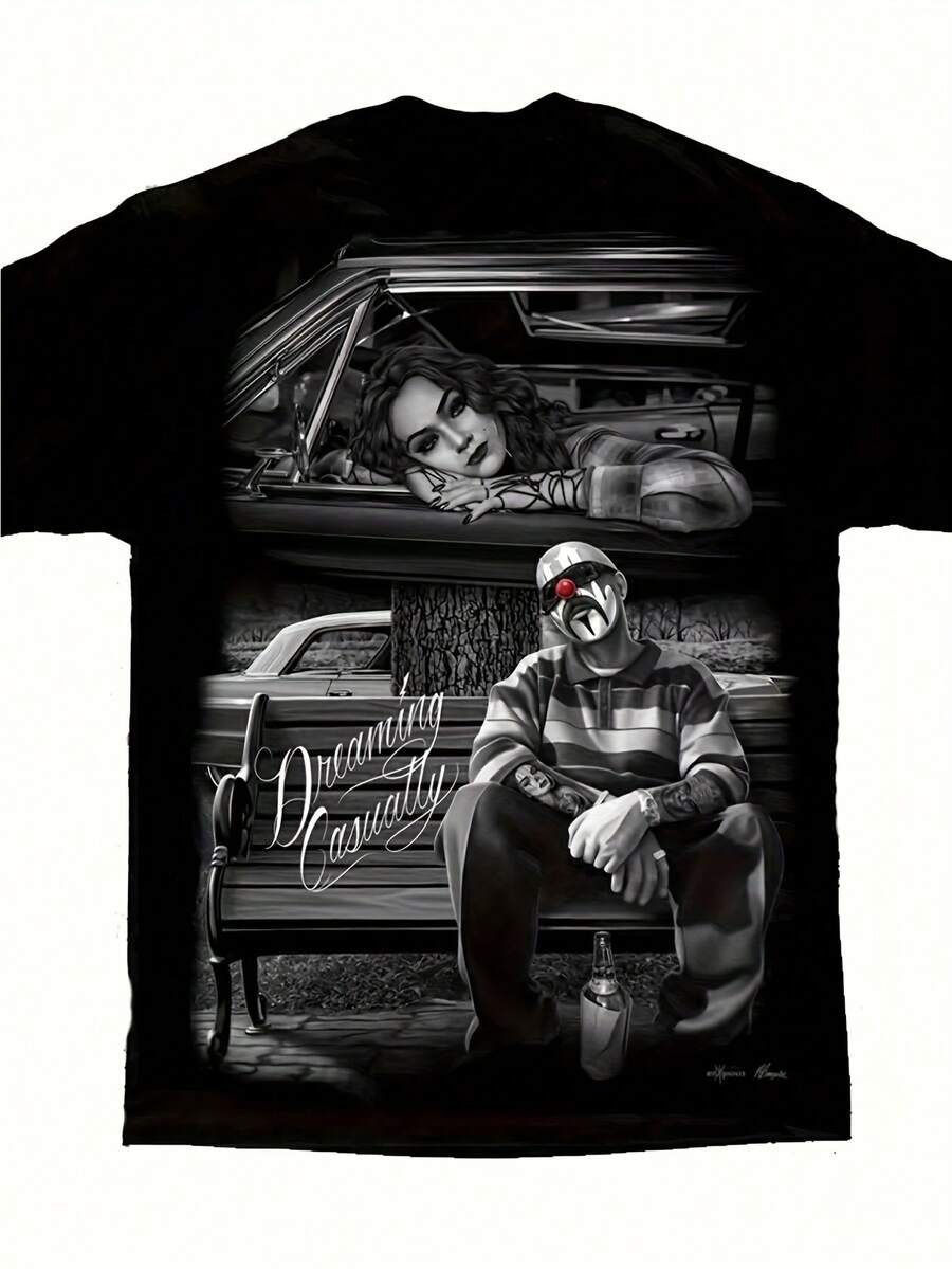 Men's Dreaming Casually Lowrider Homies Art-Shirt - Comfortable, Round Neck, Short Sleeves, Vibrant Graphic Print, All-Season Wear, Allseason Apparel Vibrant Graphic Tee Fabric Printed ShirtsFashionable Items Suitable Both Men And Women, Gifts - Black - View 1