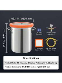 3 Gallon Vacuum Chamber, Upgraded Tempered Glass Lid Vacuum Degassing Chamber, 304 Stainless Steel Chamber, For Stabilizing Wood, Resin Degassing, Silicone Degassing And Plaster Degassing - Orange - View 7