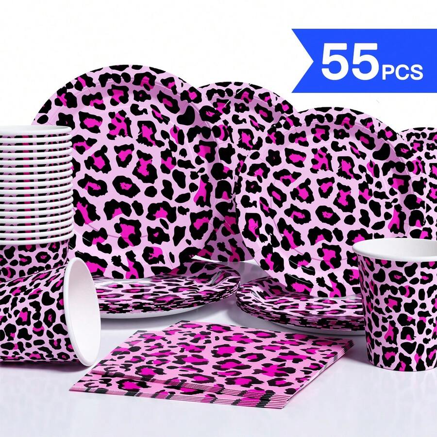 Pink & Purple Leopard Print Disposable Plates, Napkins, Cups - 10 Guest Party Supplies Set, Suitable For Birthday, Wedding, Theme Party, Family Picnic - Multicolor - View 1