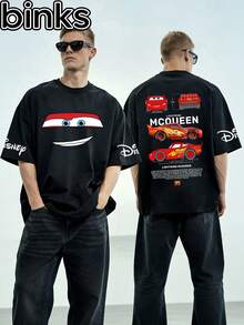 Disney Binks (Double-Sided Printing): Cars Flash McQueen Cartoon Printed Short Sleeved T-Shirt,  Loose Sleeved T-Shirt On The Street. Spring And Summer Fashionable Versatile Tops, Holiday Gifts, Vintage Prints. - 黑色 - 查看 1