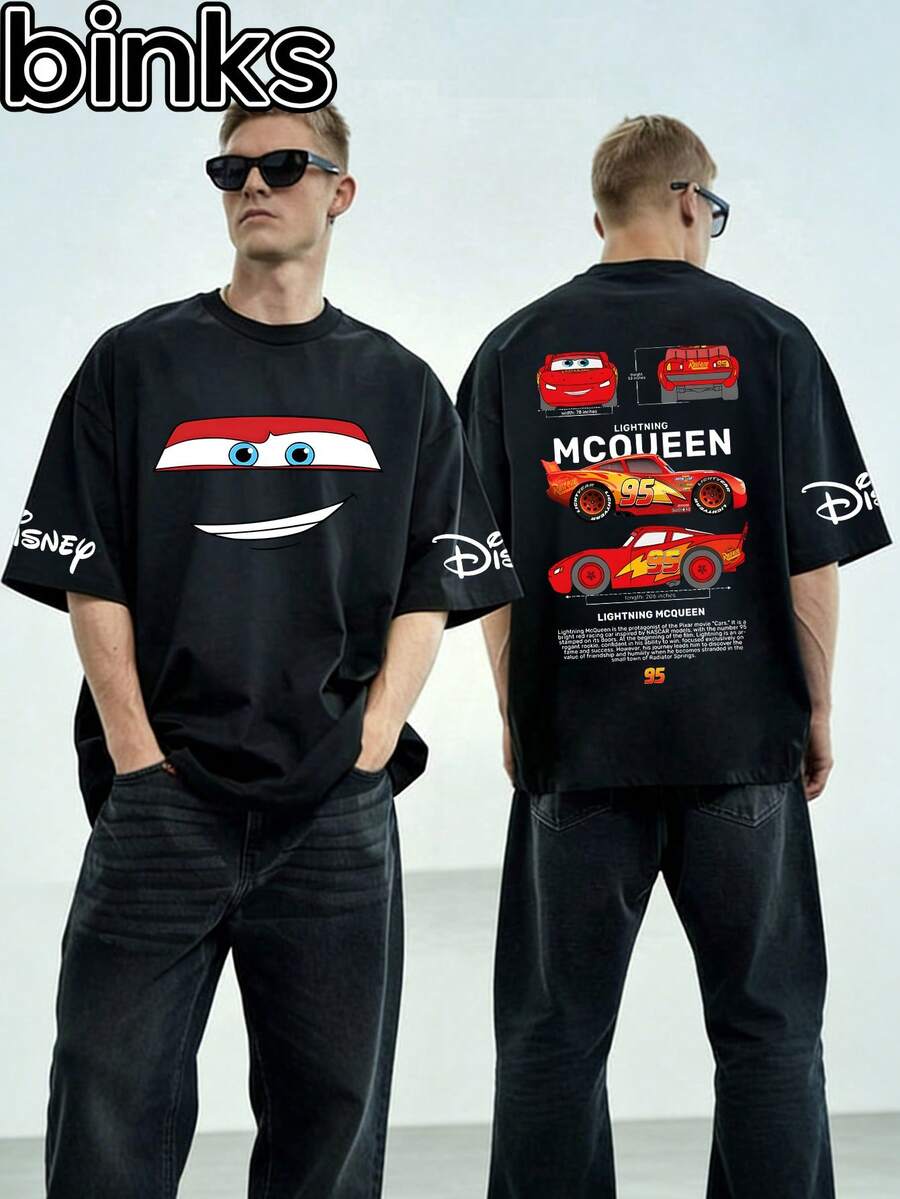Disney Binks (Double-Sided Printing): Cars Flash McQueen Cartoon Printed Short Sleeved T-Shirt, Loose Sleeved T-Shirt On The Street. Spring And Summer Fashionable Versatile Tops, Holiday Gifts, Vintage Prints. - màu đen - Xem 1