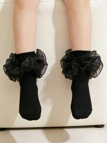 1 par de calcetines de media caña con volantes de unicolor para niños/niños pequeños, versátiles para el uniforme escolar - Negro - Ver 4