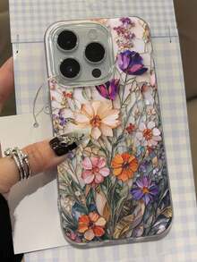 Floral Painted Chiffon Silver Minimalist Fashionable Phone Case Compatible With IPhone 17/17 Pro Max, 15, 16/16 Pro, 15 Pro Max, P13, P14, P11, P12, XS, XR, 7/8, 7/8 Plus, A14, A15, S23 Ultra, A50, A12, A32, A52, A72, A51, A21S, A13, A14, S22 Ultra, S23, A33, A53, S20 FE - Multicolor - View 4
