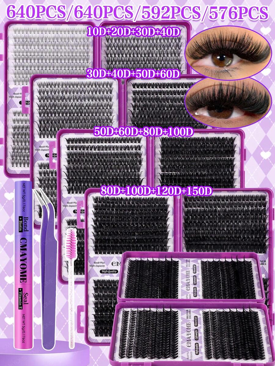 640/592/576 piezas Conjunto de pestañas individuales con rizado D, incluye pegamento para pestañas, pinzas, cepillo para pestañas, adecuado para principiantes, kit de extensión de pestañas postizas naturales y esponjosas, conjunto de pestañas de alto volumen con pegamento para pestañas, libro de maquillaje clásico DIY para el hogar, grupos de pestañas postizas de alta capacidad con herramientas