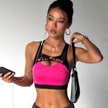 Sujetador deportivo de mujer con cuello redondo de malla, unicolor, con almohadilla extraíble y cinta con letras - Multicolor - Ver 6