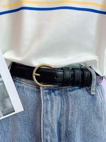 1pc Classic Black Leather Belt With Antique Bronze Buckle, Slim Design Suitable For Jeans, Dresses And Daily Wear - Black - View 4